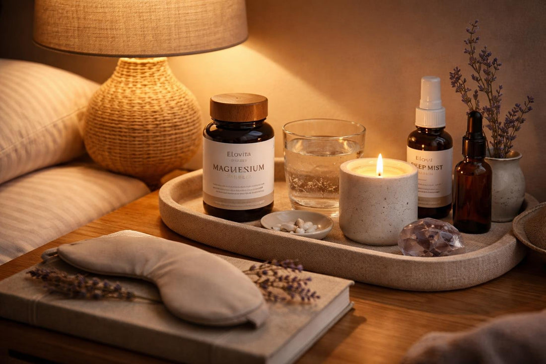 Cosy evening wind-down essentials arranged beside warm bedside lamp