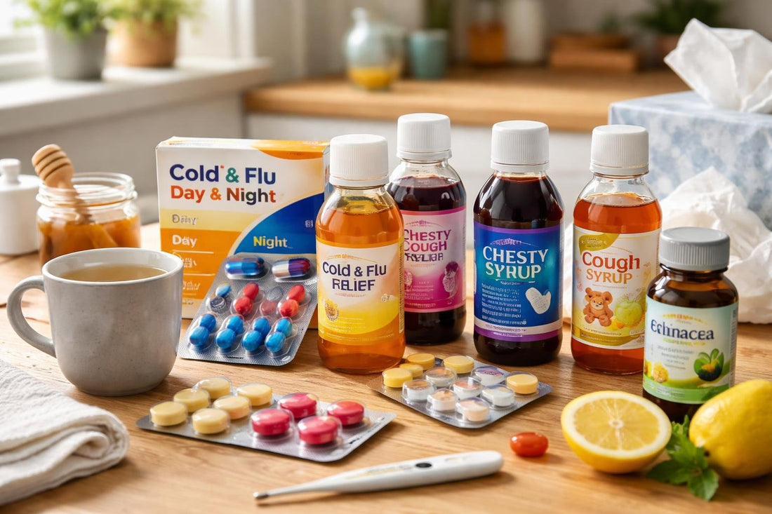 Selection of cough and cold medicines on a wooden table