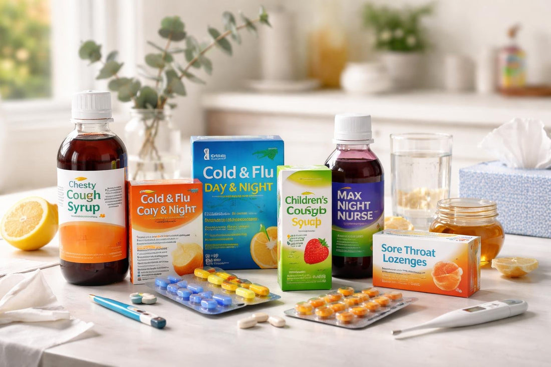 Family cough and cold medicine selection on table