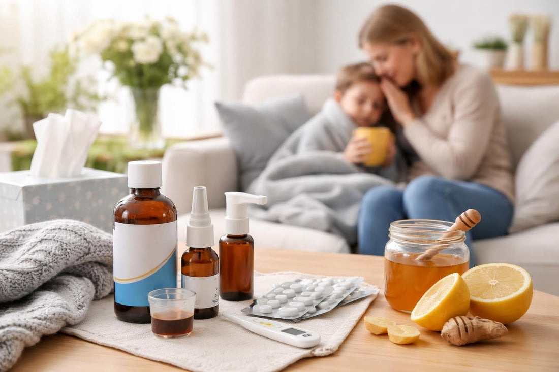 Family using cough and cold remedies at home