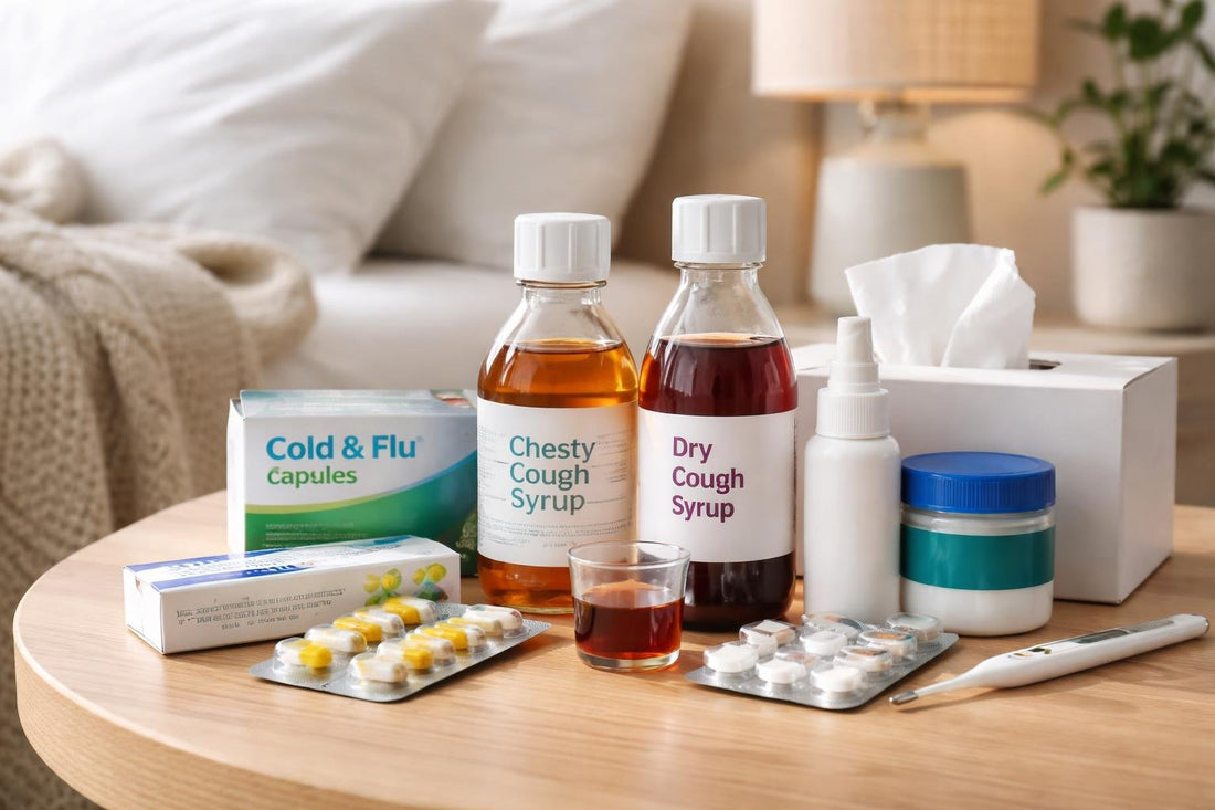 Assorted cough and cold medicines arranged on a bedside table