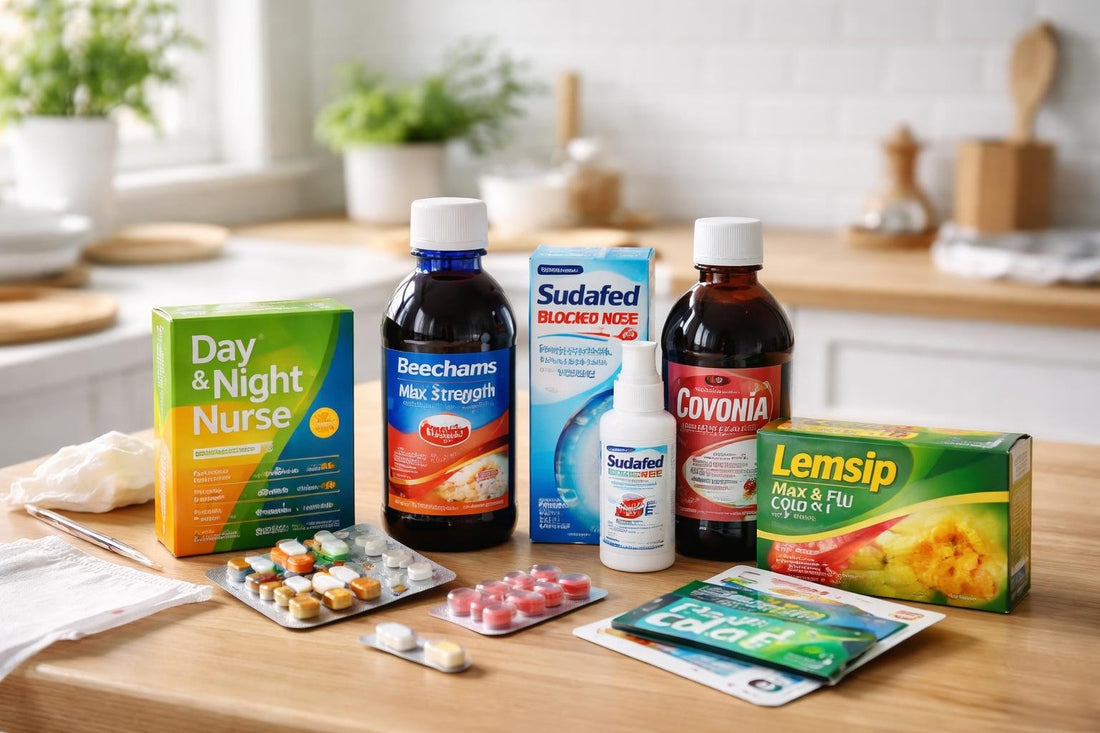 Assorted UK cough and cold medicines on a table