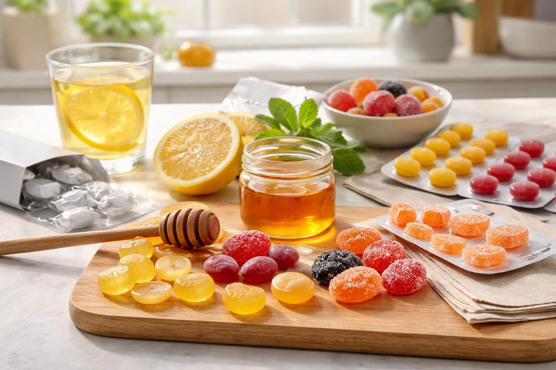 Assorted cough drops and lozenges on a kitchen table