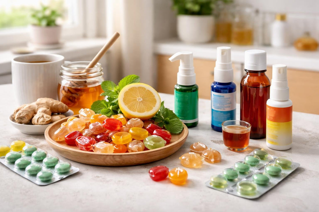 assorted cough drops, lozenges and throat sprays