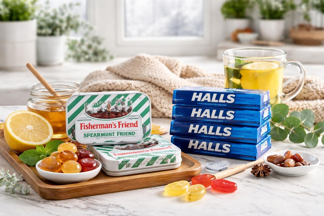 assorted cough drops and lozenges in winter setting