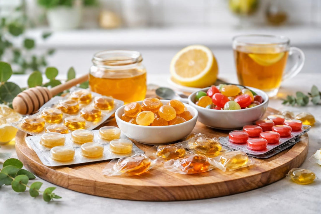 assorted cough drops and lozenges on tray