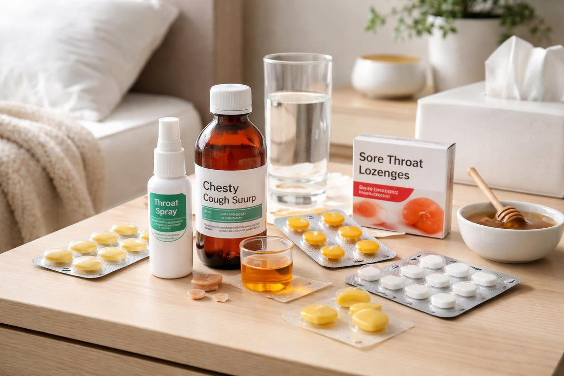 Assorted cough and sore throat medicines on bedside table