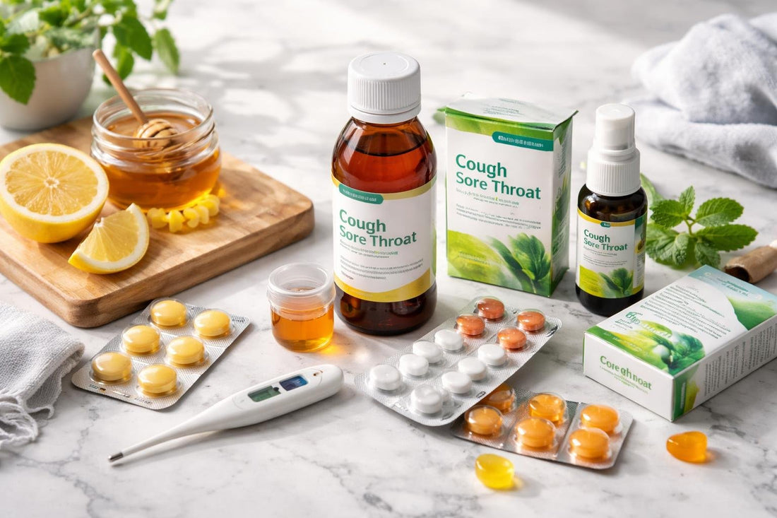 Budget cough and sore throat medicines flatlay
