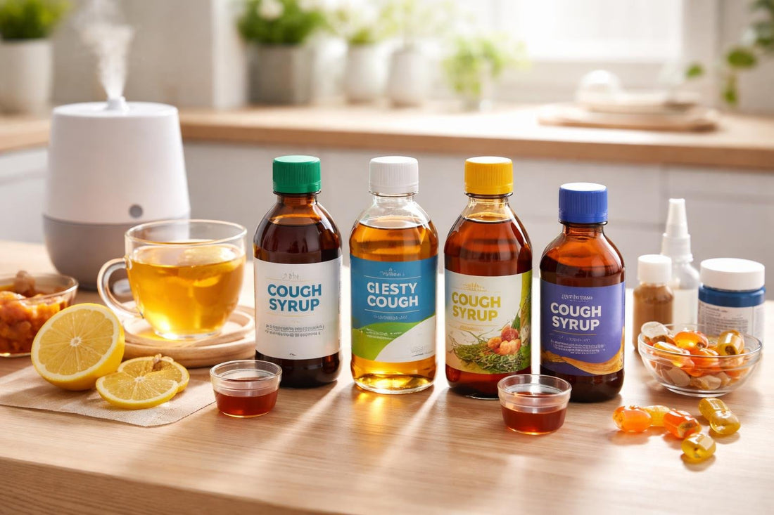 assorted cough syrups and remedies on wooden table