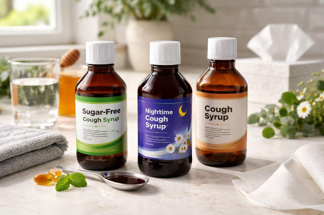 assorted cough syrups and measuring spoon for dosing