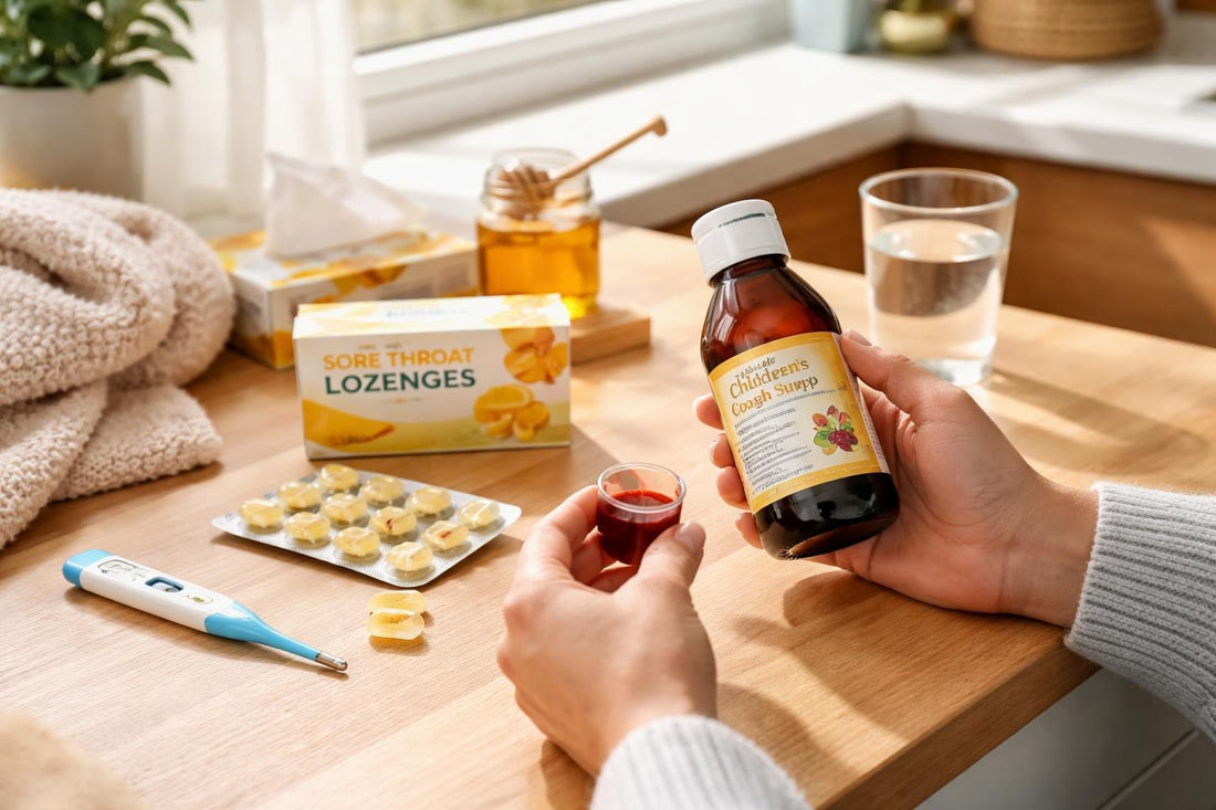 Parent checking cough drops and throat syrup dosing