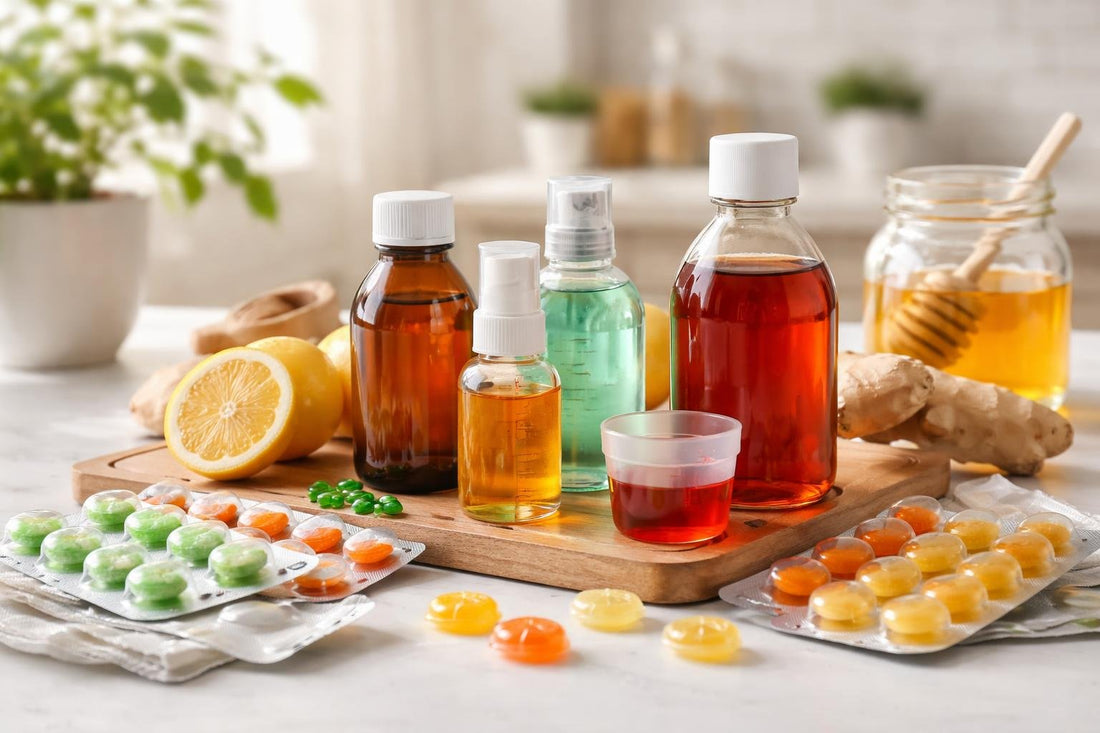 Assorted throat lozenges and cough syrups on table