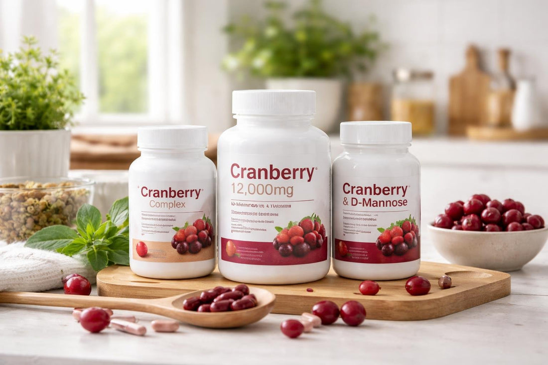Bottles of cranberry capsules and ingredient labels
