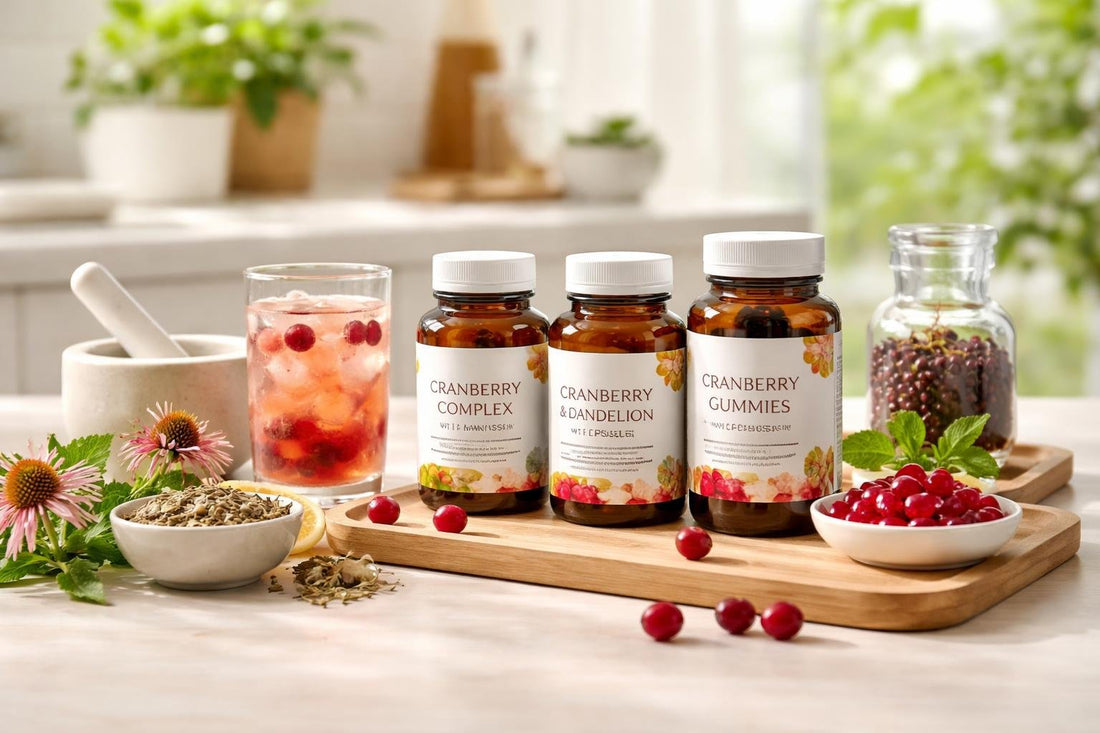 Cranberry and herbal supplement collection for seasonal routine