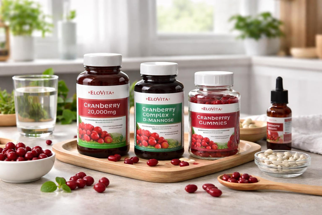 assorted cranberry supplement bottles and capsules