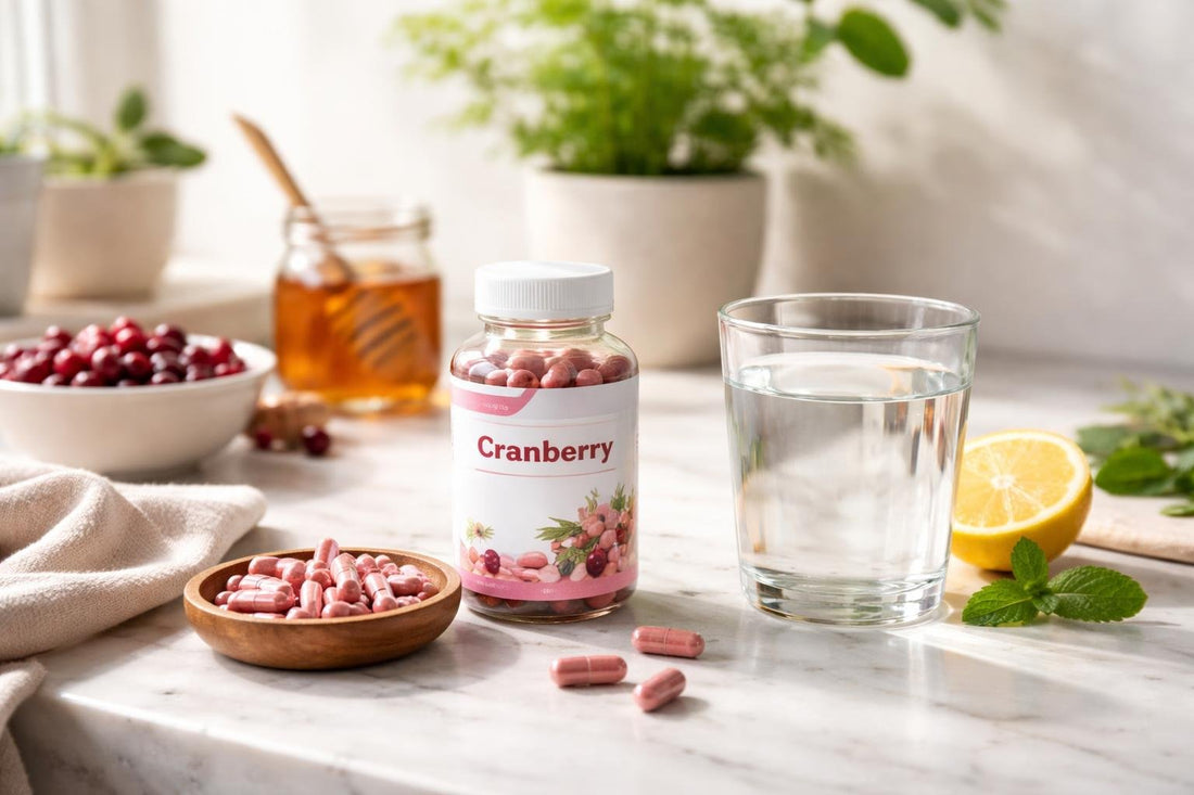Cranberry herbal supplement routine with water and capsules