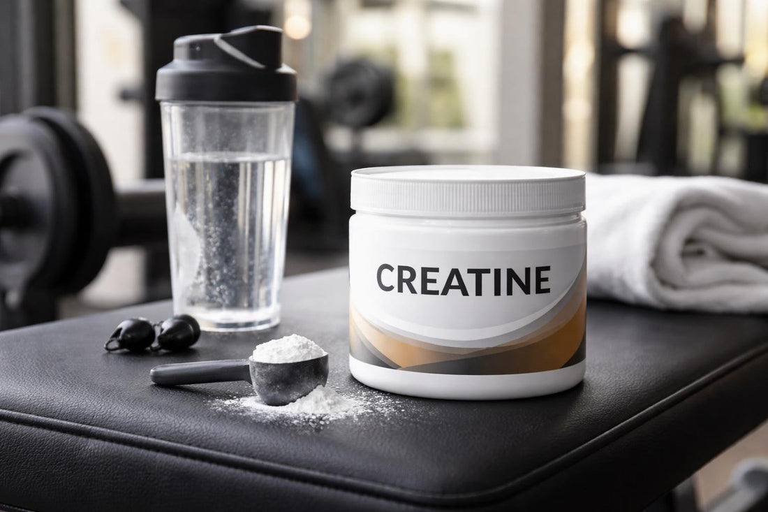 close-up tub of creatine supplement on gym bench