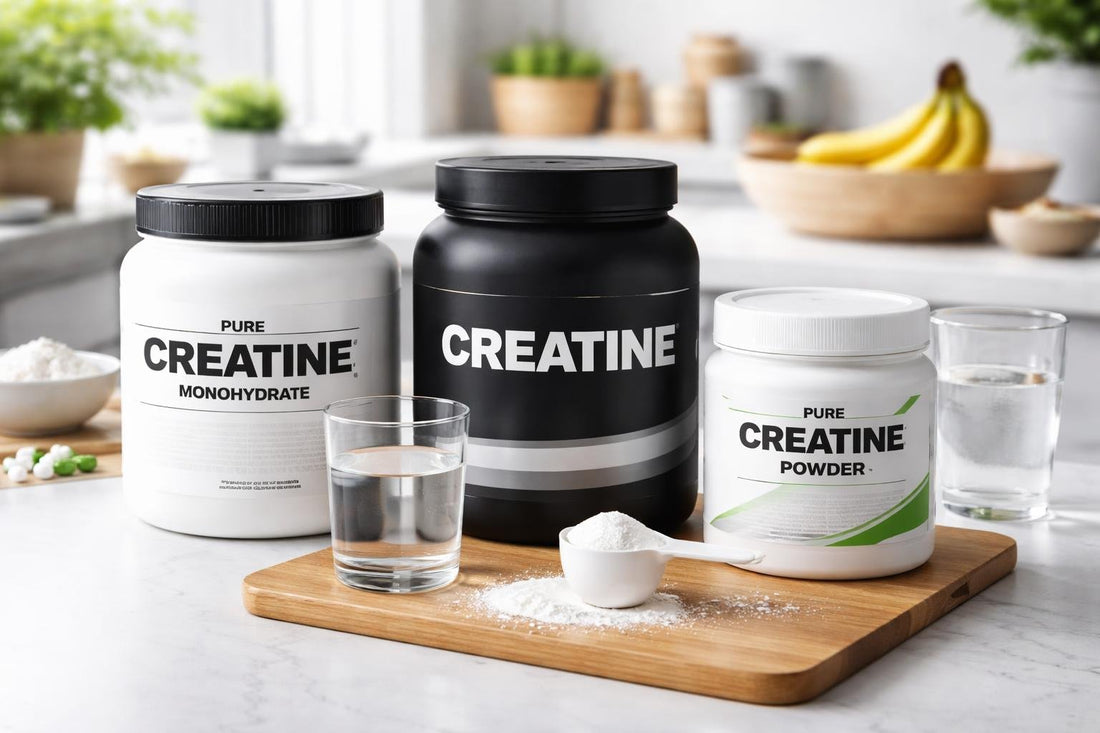 Selection of creatine supplement tubs and powder