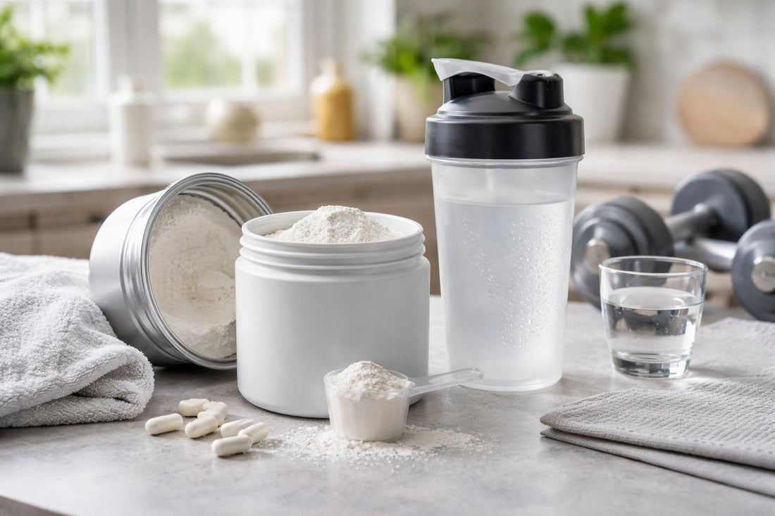 Creatine powder scoop beside shaker in a UK gym