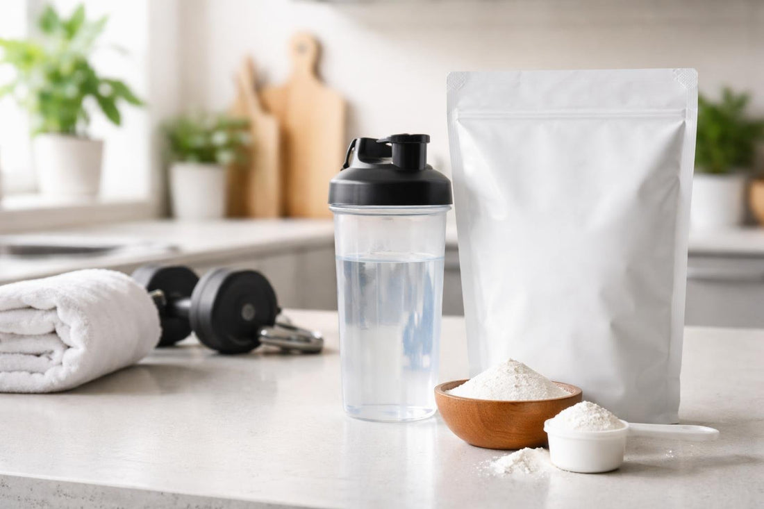 Creatine supplement powder scoop beside shaker bottle
