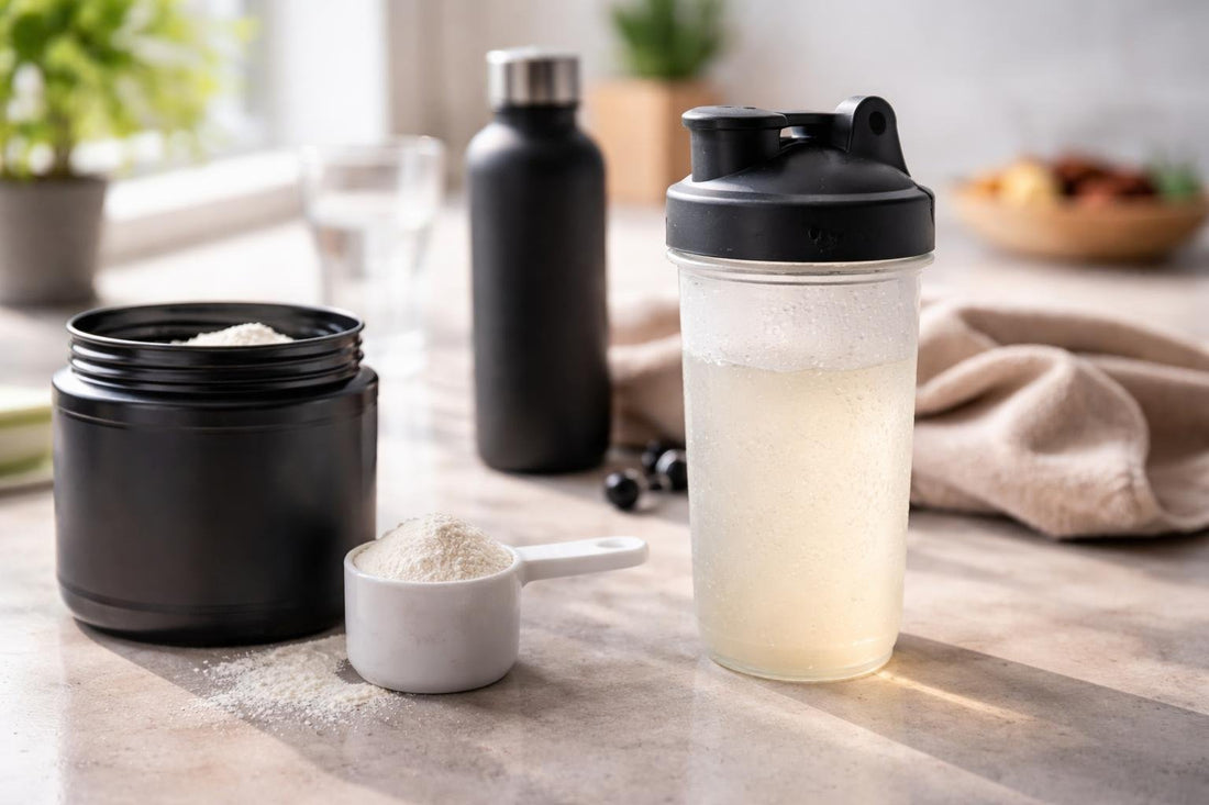 Scoop of creatine powder mixed in a shaker bottle