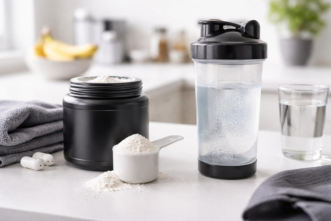 Jar of creatine powder and shaker for mixing