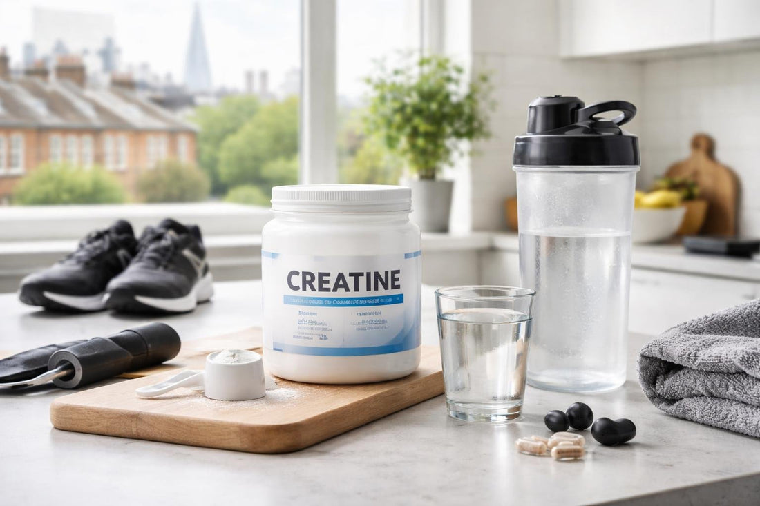 Creatine supplements and gym gear in London