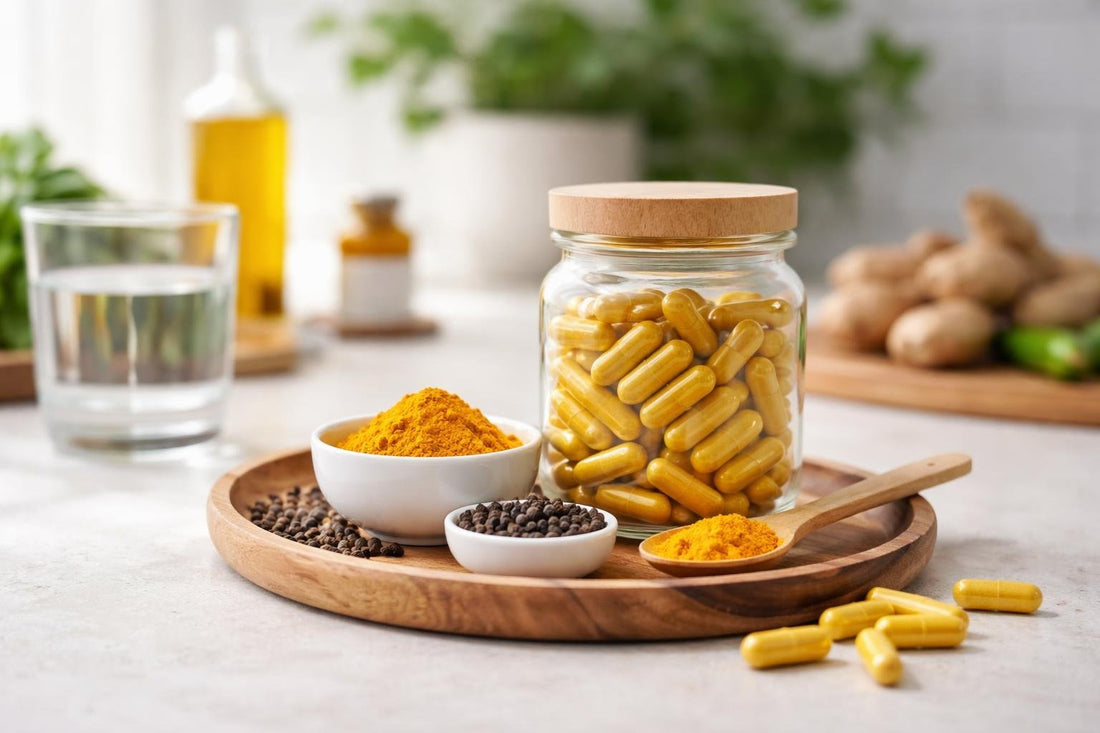Curcumin capsules with turmeric and black pepper on table