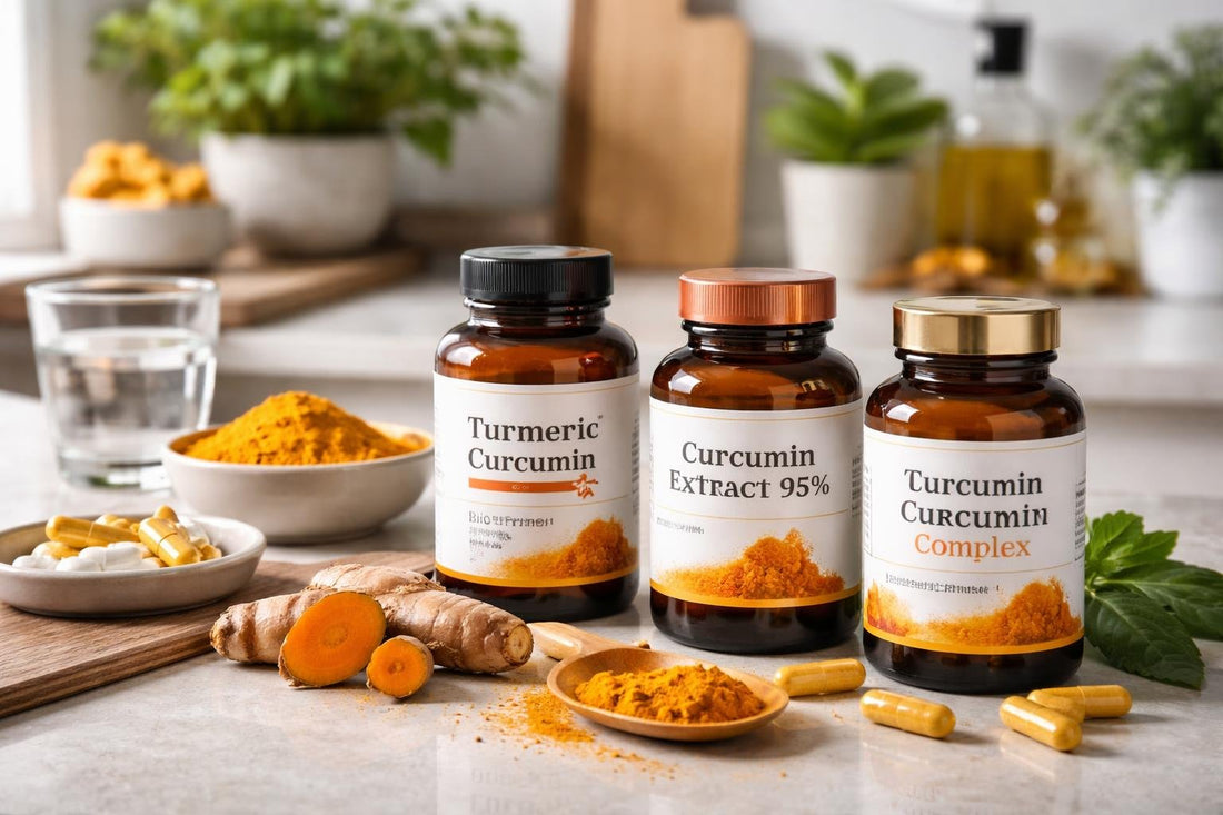 curcumin supplement bottles and turmeric root overview
