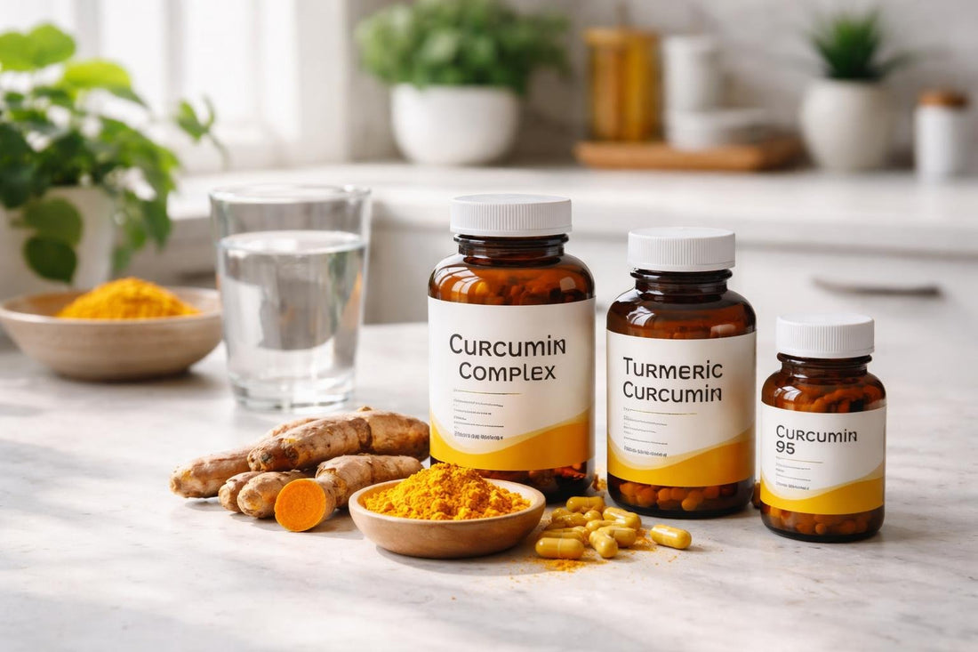 Bottles of curcumin supplements with turmeric root