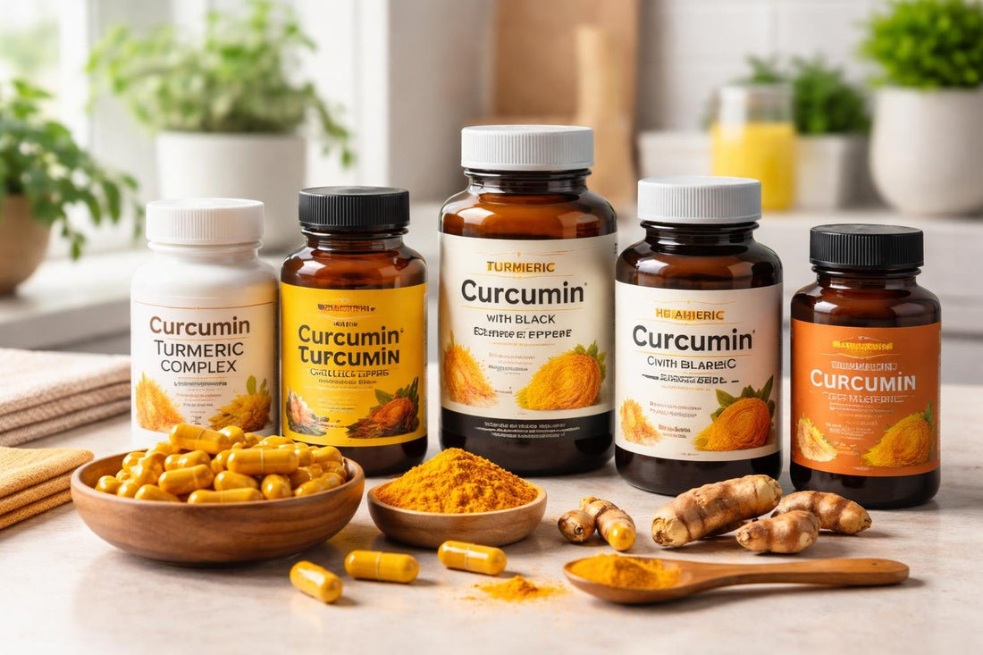 Assorted curcumin supplement bottles and capsules for joints