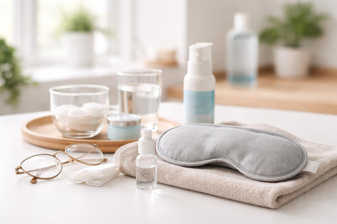 Eye drops and warm compress essentials for daily comfort