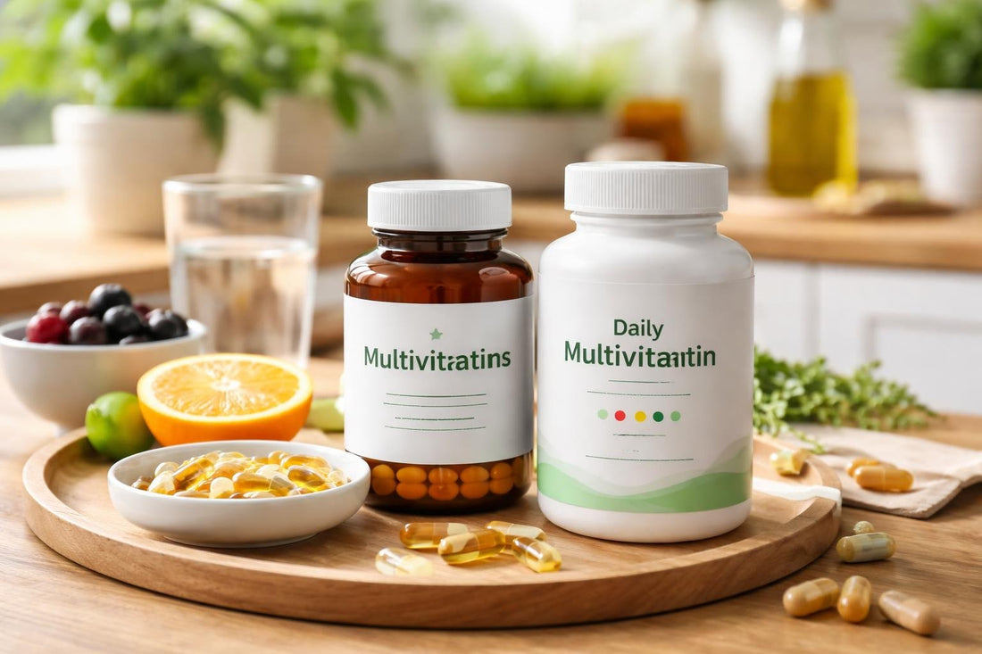 Daily multivitamin bottles and capsules on wooden table