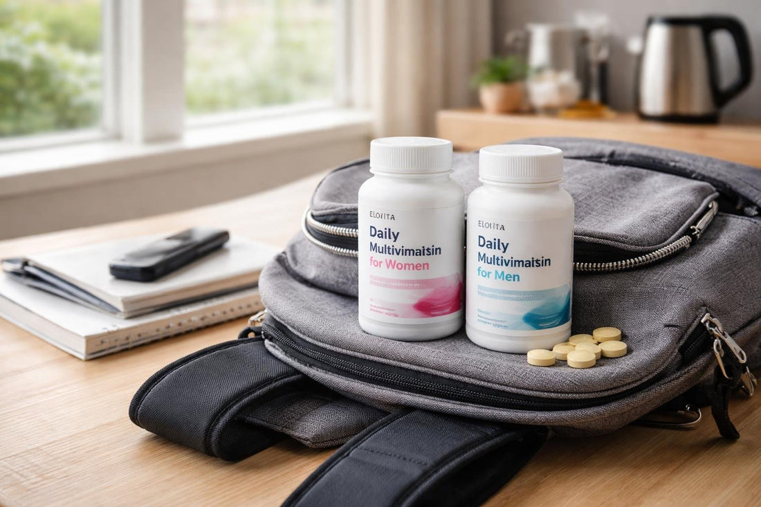Daily multivitamin bottles on commuter backpack