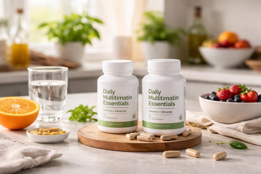 Daily Multivitamin Essentials bottles on a kitchen counter in Scotland