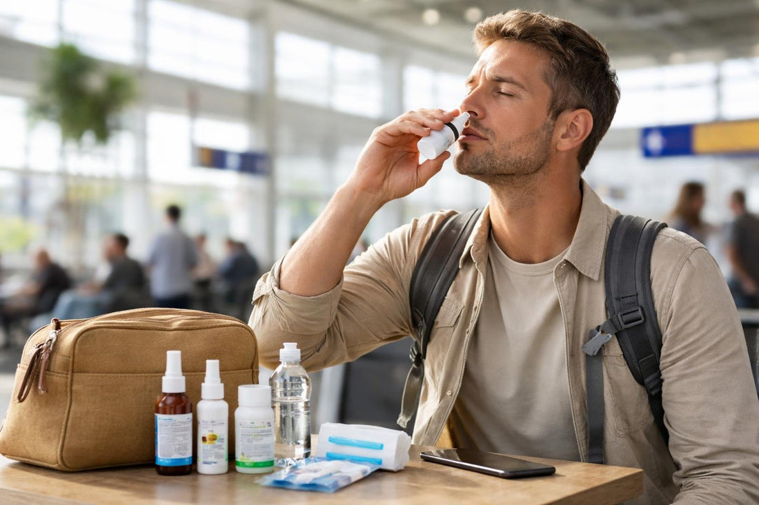 Traveller using decongestant nasal spray at airport