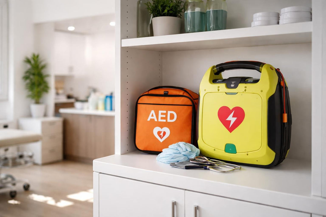 AED defibrillator kit on clinic shelf in London