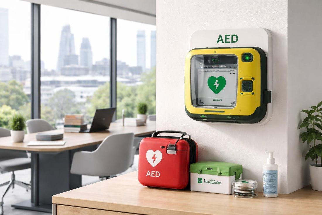 AED defibrillator on office wall in London