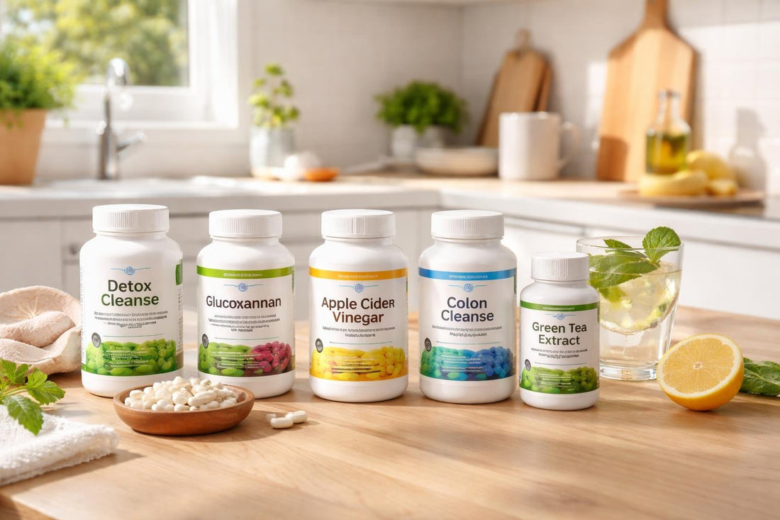 Affordable detox and cleanse products on wooden table