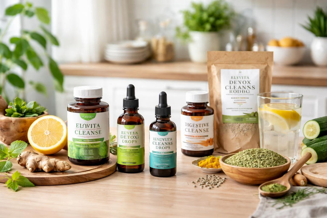 Assorted detox and cleanse supplements on wooden surface