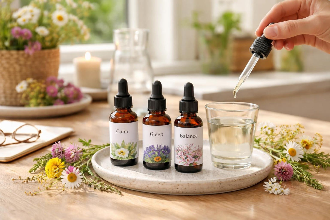 Flower essence remedies drops with Devon wildflowers on table