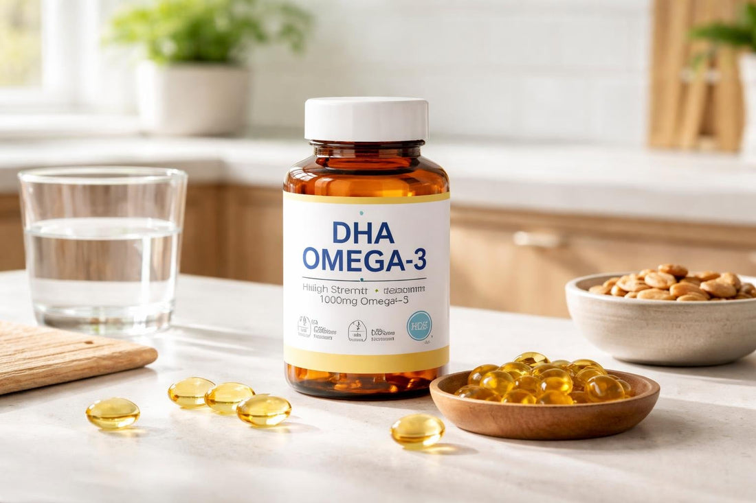 DHA omega 3 supplement label close-up on kitchen table