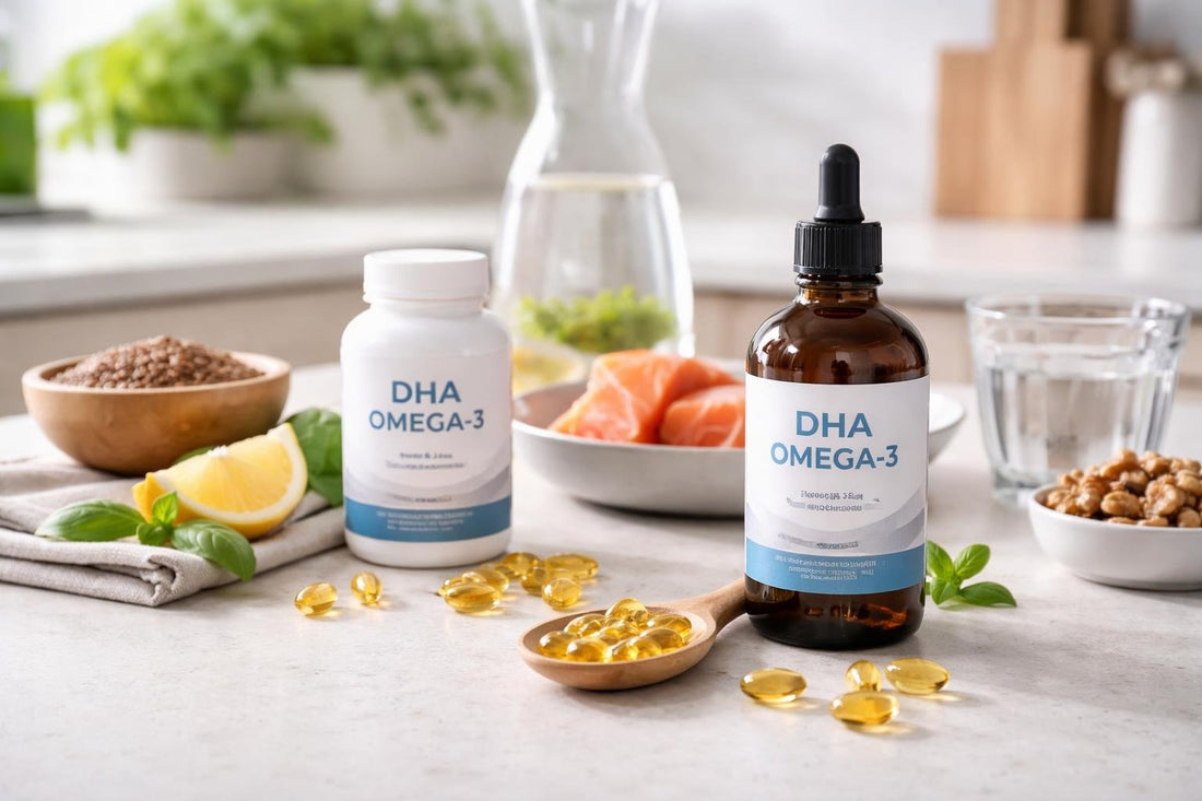 DHA omega-3 capsules and liquid supplement on kitchen counter