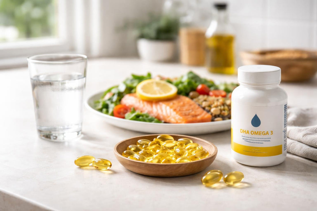 DHA omega 3 capsules beside a healthy meal