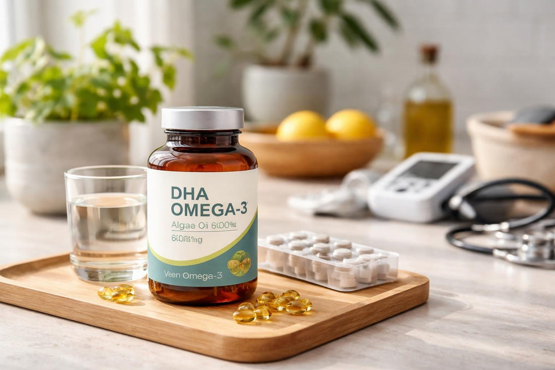 Bottle of DHA omega 3 algae supplements UK