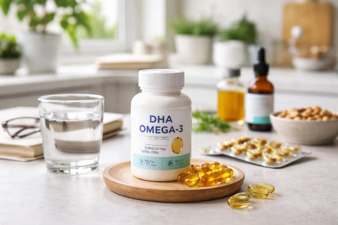 bottle of dha omega 3 supplements on table
