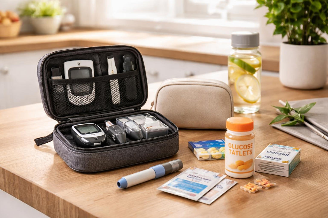 Diabetes care essentials kit laid out for travel