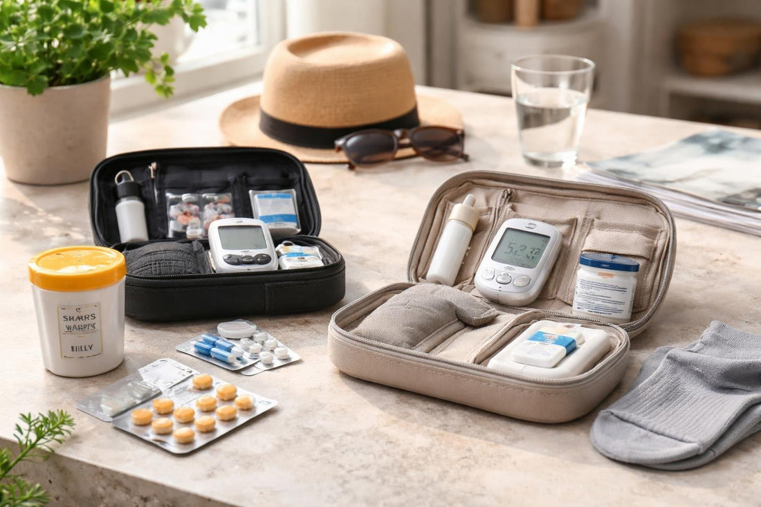 Travel diabetes kit essentials laid out on table