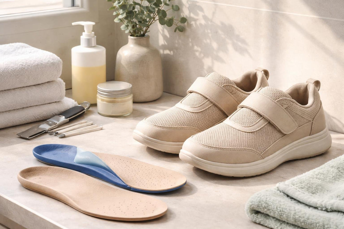 Extra-wide diabetic-friendly walking shoes and insoles