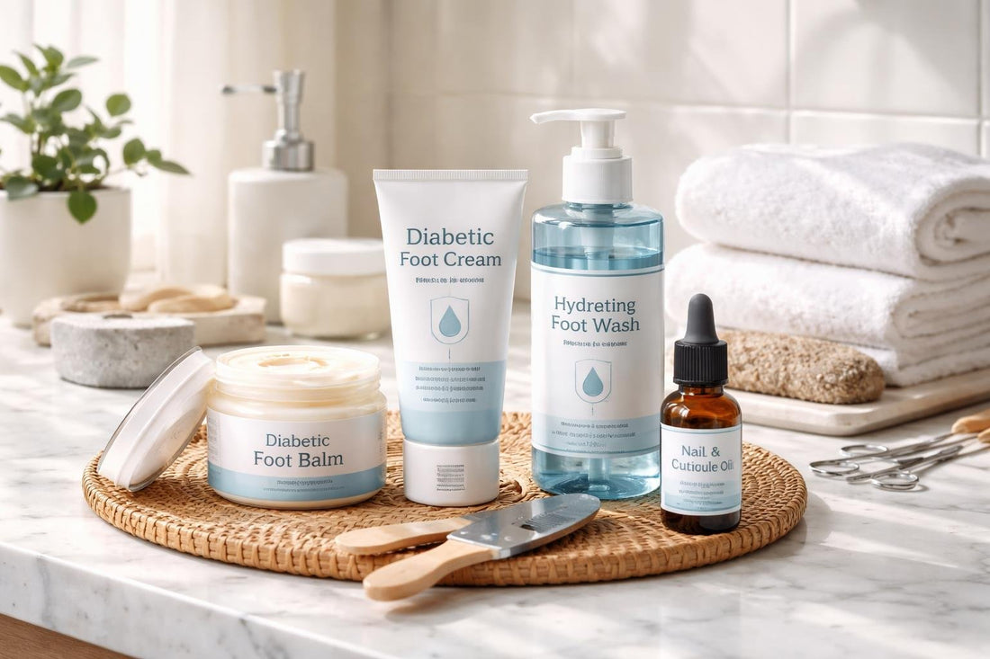 Diabetic foot care collection items arranged for daily routine